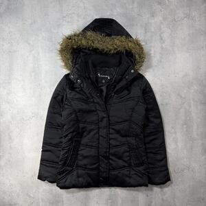 Y2K Black Rothschild Grunge Faux Fur Hooded Puffer Jacket